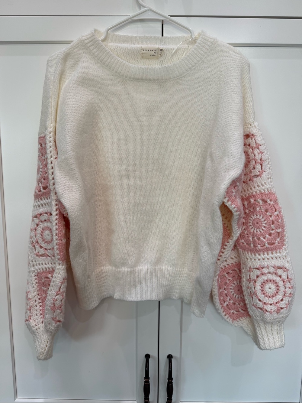 Dreamers Cream Sweater with Pink Crochet Balloon Sleeves